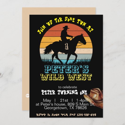 ボーイカウボーイ誕生日招待状、編集可能マイ1st 招待状 (正面/裏面)