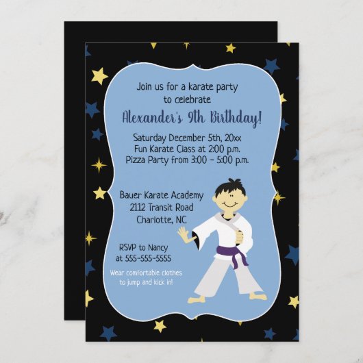 ボーイカラート誕生日パープルベルトダークヘア 招待状 (正面/裏面)