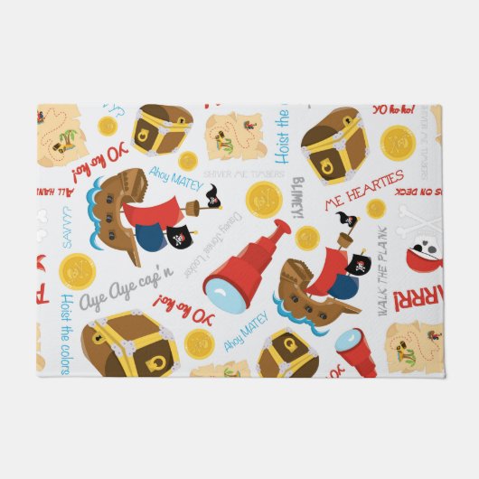 ボーイガールおもしろいホワイトパーティー海賊パターン ドアマット (正面)