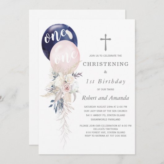 ボーイガールツインズ《キリスト教》洗礼式や命名式アンドファースト誕生日 招待状 (正面/裏面)