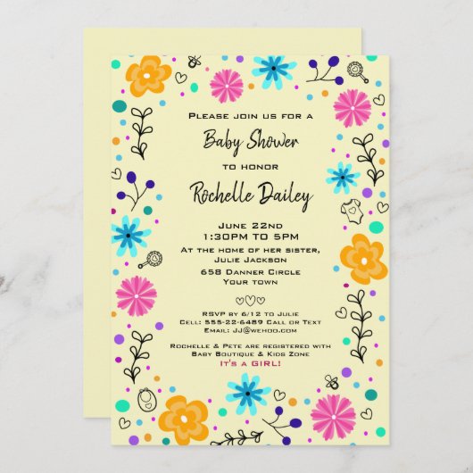 ボーイガールフローライエローキュートベビーシャワー招待状 招待状 (正面/裏面)