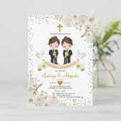 ボーイガールホワイトフラワー1st聖餐式金ゴールド 招待状 (スタンド正面)