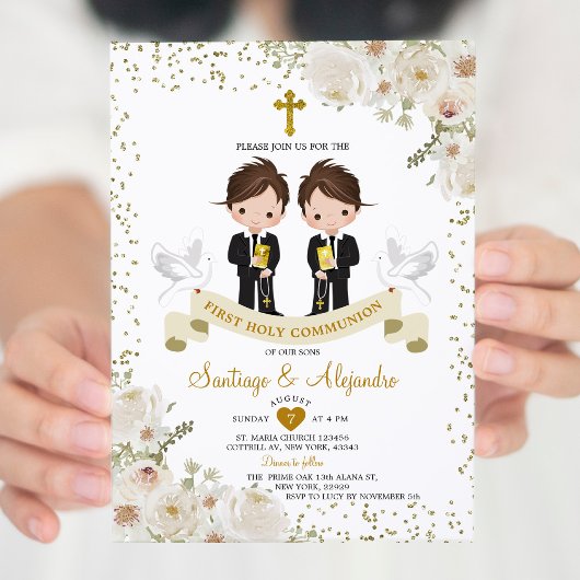 ボーイガールホワイトフラワー1st聖餐式金ゴールド 招待状