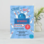 ボーイキッドボーリングバースデーパーティーレトロブルー&レッド 招待状 (スタンド正面)