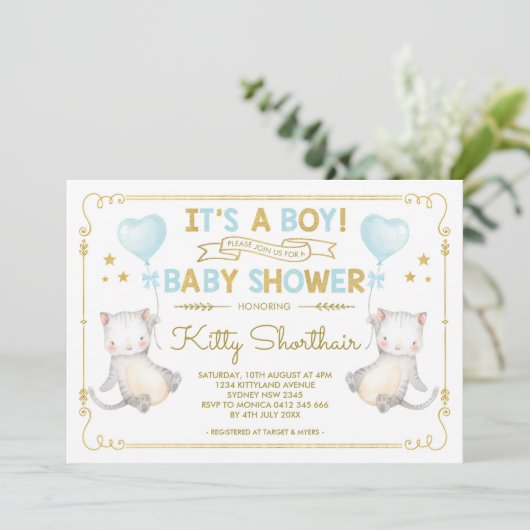 ボーイキャットベビーシャワー子猫猫好きブルー金ゴールド 招待状 (スタンド正面)