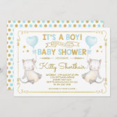 ボーイキャットベビーシャワー子猫猫好きブルー金ゴールド 招待状 (正面/裏面)