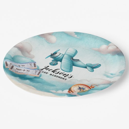 ボーイキュートブルーフライトトラベル子供の誕生日 カスタム ペーパープレート (アングル)