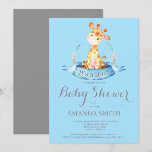 ボーイキリンベイビーシャワー招待状ブルー&グレー 招待状 (正面/裏面)