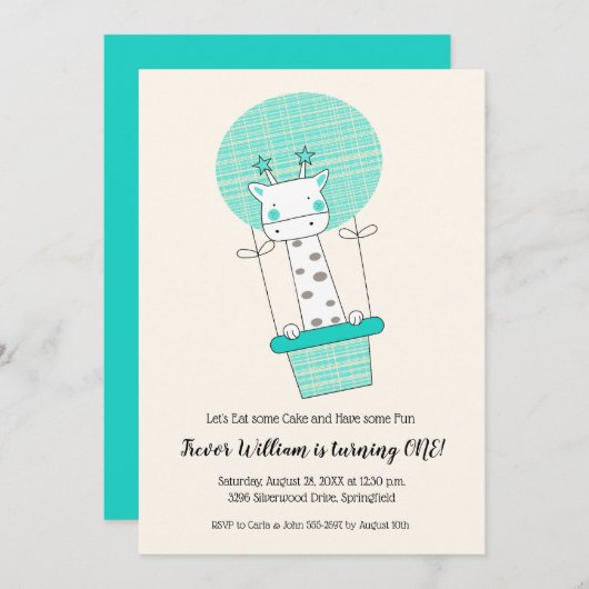 ボーイキリン熱気球の最初の誕生日パーティー 招待状 (正面/裏面)