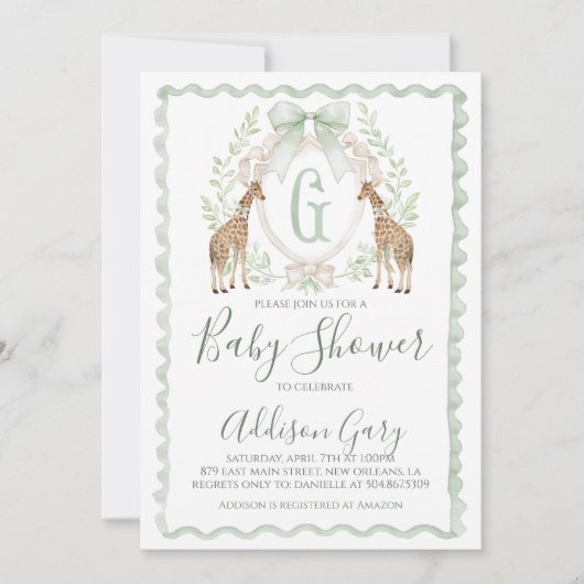 ボーイキリン赤ちゃんシャワー名門私立校風のセージ緑のギンガム 招待状 (正面)