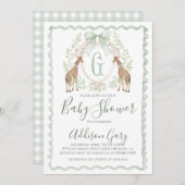 ボーイキリン赤ちゃんシャワー名門私立校風のセージ緑のギンガム 招待状 (正面/裏面)
