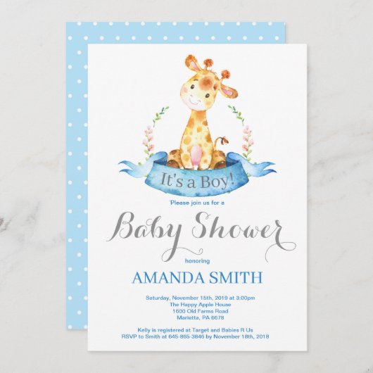 ボーイキリン赤ちゃんシャワー招待状ブルーとグレー 招待状 (正面/裏面)