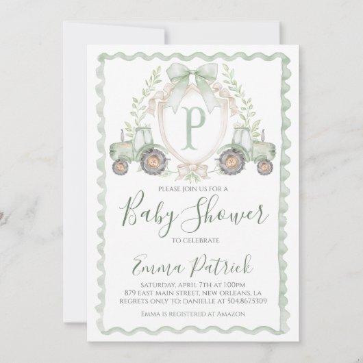 ボーイグリーントラクター赤ちゃんシャワー名門私立校風のセージ緑 招待状 (正面)