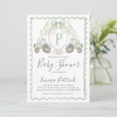 ボーイグリーントラクター赤ちゃんシャワー名門私立校風のセージ緑 招待状 (スタンド正面)