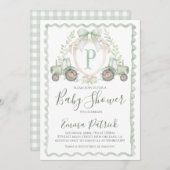 ボーイグリーントラクター赤ちゃんシャワー名門私立校風のセージ緑 招待状 (正面/裏面)