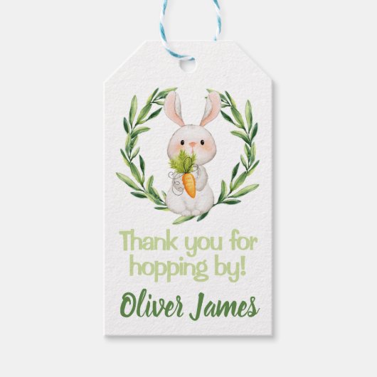 ボーイグリーン最初の誕生日イースターウォーターカラーバニー ギフトタグ (正面)