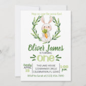 ボーイグリーン最初の誕生日イースターウォーターカラーバニー 招待状 (正面)