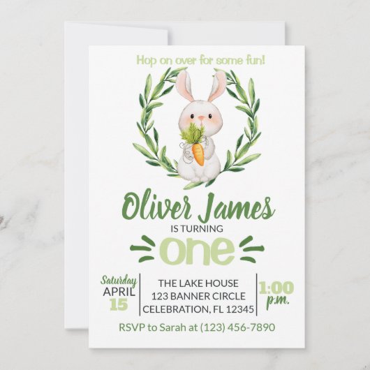 ボーイグリーン最初の誕生日イースターウォーターカラーバニー 招待状 (正面)