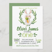 ボーイグリーン最初の誕生日イースターウォーターカラーバニー 招待状 (正面/裏面)