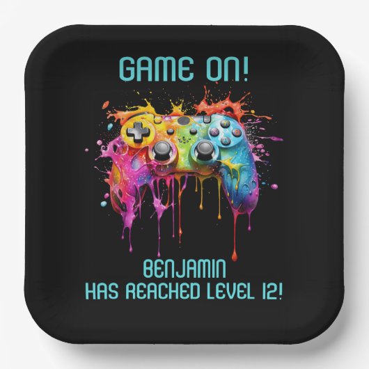 ボーイゲーマーティール（緑がかった色）ビデオゲームパーティー ペーパープレート (正面)