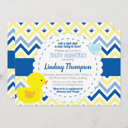 ボーイゴムダッキー（アヒルちゃん）ブルーベビーシャワー招待状 招待状 (正面/裏面)