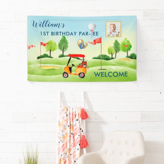 ボーイゴルフテーマ1st誕生日パーティーフォトバナー 横断幕 (インサイチュ)