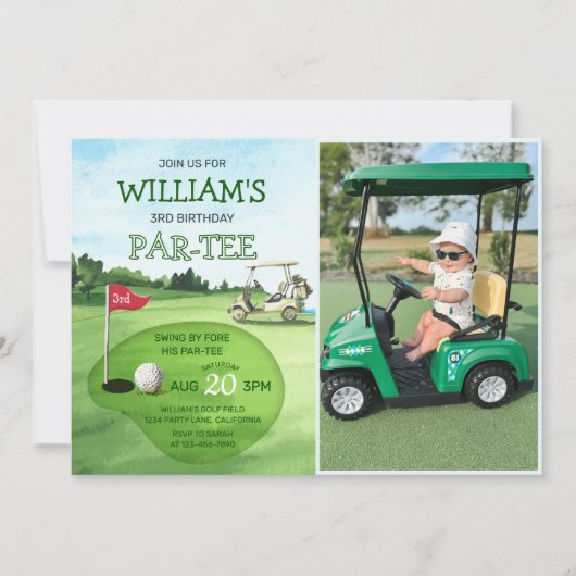 ボーイゴルフテーマ3rdバースデーパー – ティー写真 招待状 (正面)