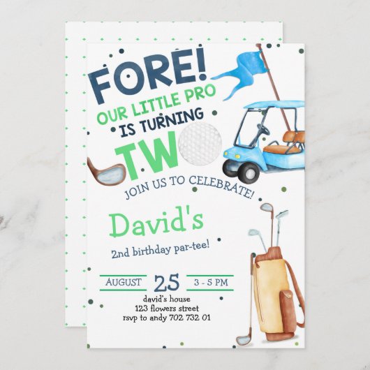 ボーイゴルフパーティー2歳誕生日 招待状 (正面/裏面)