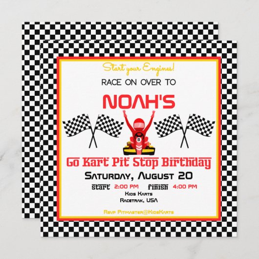 ボーイゴーカート誕生日パーティー&レース市松模様にフラグ 招待状 (正面/裏面)