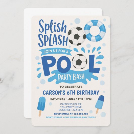 ボーイサッカープールパーティー誕生日招待状 招待状 (正面/裏面)