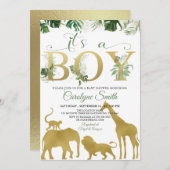 ボーイサファリジャングル動物金ゴールドベビーシャワー 招待状 (正面/裏面)