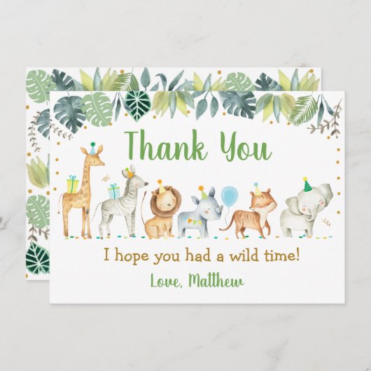 ボーイサファリパーティー動物誕生日ありがとう サンキューカード (正面/裏面)