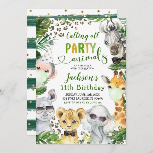 ボーイサファリパーティー動物誕生日招待状 招待状 (正面/裏面)