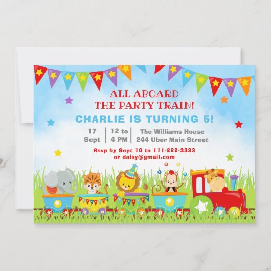 ボーイサファリ動物の誕生日パーティートレイン 招待状 (正面)