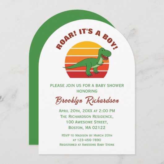ボーイサンセットレトロ恐竜の赤ちゃんシャワーを轟音 招待状 (正面/裏面)