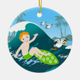 ボーイサーフビッグウェーブ誕生日パーティー セラミックオーナメント