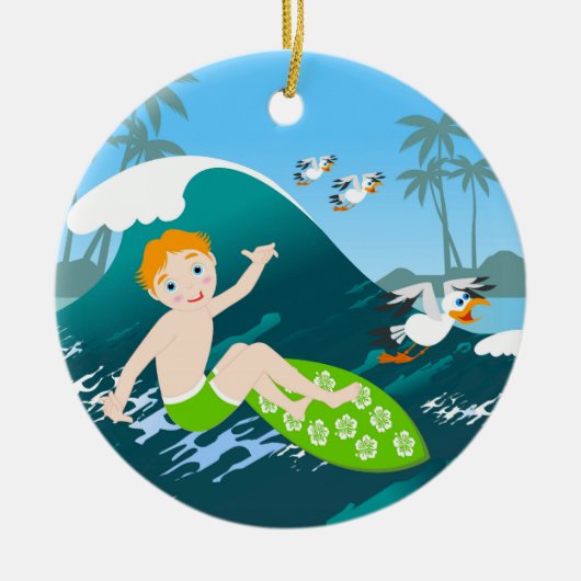 ボーイサーフビッグウェーブ誕生日パーティー セラミックオーナメント (正面)