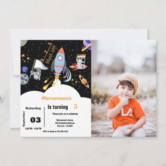 ボーイシプアウター宇宙惑星宇宙飛行士誕生日 招待状 (正面)