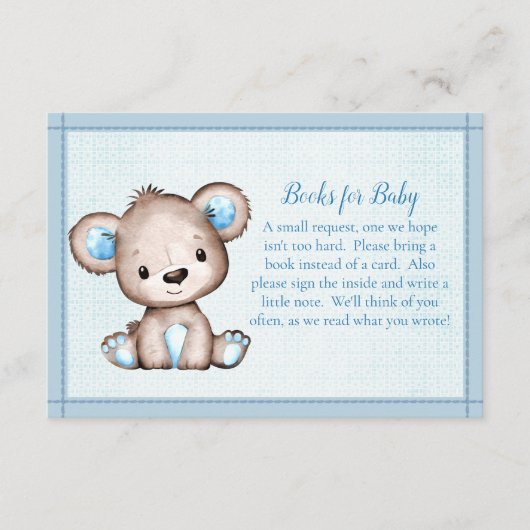 ボーイシャワーゲーム用ベビーかわいいブラウンベアの本 エンクロージャーカード (正面)