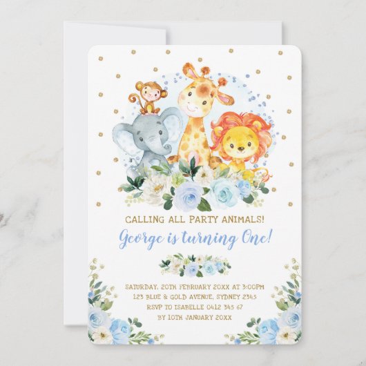 ボーイジャングルサファリブルーフローラワイルドワン誕生日 招待状 (正面)