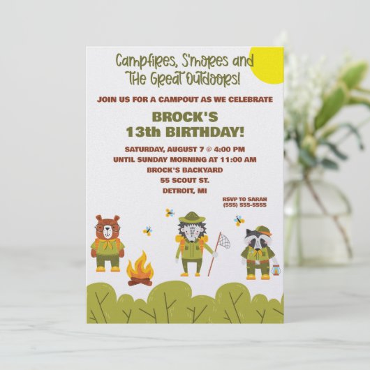 ボーイスカウト、キャンプ、アウトドアをテーマにした誕生日 招待状 (スタンド正面)
