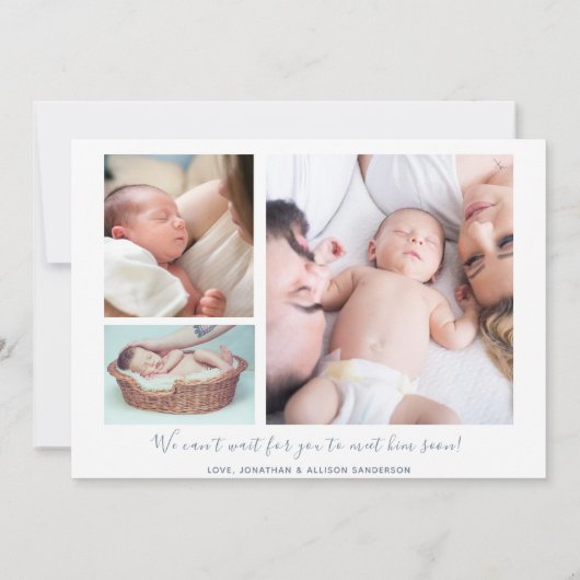 ボーイスクリプ生まれたばかりのト統計フォトコラージュ誕生 案内状 (裏面)