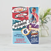 ボーイススーパーヒーロー漫画フォト誕生日招待状 招待状 (スタンド正面)