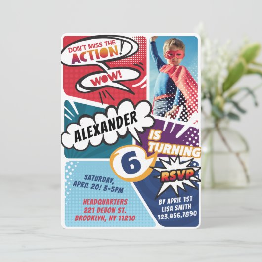 ボーイススーパーヒーロー漫画フォト誕生日招待状 招待状 (スタンド正面)