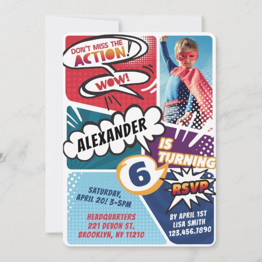 ボーイススーパーヒーロー漫画フォト誕生日招待状 招待状 (正面)