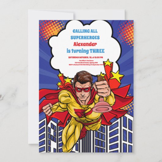 ボーイススーパーヒーロー漫画誕生日 招待状 (正面)