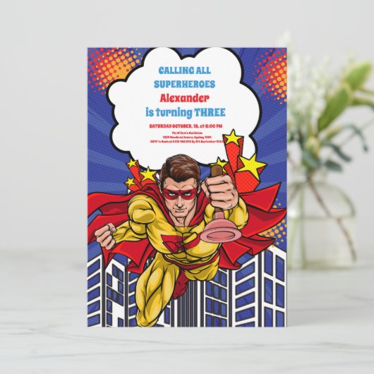 ボーイススーパーヒーロー漫画誕生日 招待状 (スタンド正面)
