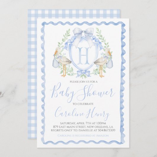 ボーイストーク赤ちゃん名門私立校風のシャワーギンガムブルー 招待状 (正面/裏面)