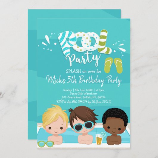 ボーイスプールパーティーキッド誕生日招待状 招待状 (正面/裏面)