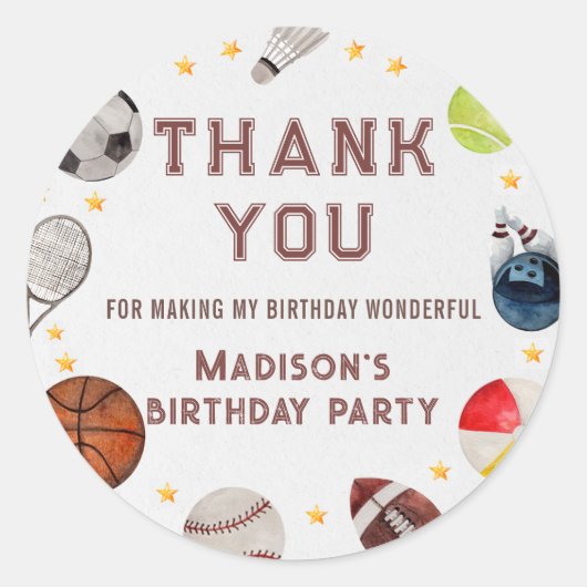 ボーイスポーツボール子供の誕生日ありがとう ラウンドシール (正面)